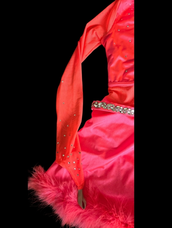Girls Weissman Coral Pink Competition Dress with Feather Trim Dance/Ice Skating - Picture 5 of 13